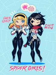 Rule 34 | 2girls, absurdres, black hair, blonde hair, blue eyes, bodysuit, breasts, character name, cindy moon, closed mouth, commentary, english commentary, full body, gwen stacy, highres, hood, hooded bodysuit, long hair, marvel, medium breasts, multiple girls, one eye closed, rariatto (ganguri), short hair, silk (marvel), smile, spider-gwen, spider-man (series), standing, superhero costume