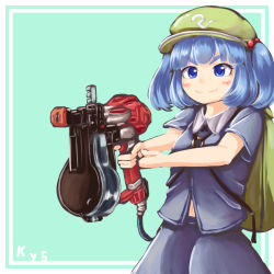 Rule 34 | 1girl, artist name, backpack, bag, blue eyes, blue hair, blush, blush stickers, cabbie hat, commentary request, dress, hair bobbles, hair ornament, hat, kawashiro nitori, kys (k-k2), matching hair/eyes, nail gun, pointing, short hair, short sleeves, short twintails, skirt, skirt set, solo, standing, touhou, twintails, two side up