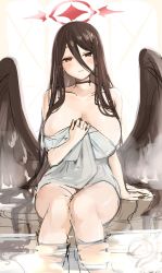 Rule 34 | 1girl, black choker, black hair, black wings, blue archive, blush, breasts, choker, cleavage, emirio (emirio110), feathered wings, halo, hasumi (blue archive), highres, huge breasts, long hair, looking at viewer, mole, mole under eye, naked towel, parted lips, red eyes, sitting, sketch, soaking feet, solo, steam, towel, very long hair, water, wings