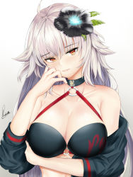Rule 34 | 1girl, bare shoulders, bikini, black bikini, blush, breasts, cleavage, collar, cropped jacket, fate/grand order, fate (series), flower, hair flower, hair ornament, hairpin, highres, jeanne d&#039;arc alter (swimsuit berserker) (fate), jeanne d&#039;arc (fate), jeanne d&#039;arc alter (fate), jeanne d&#039;arc alter (swimsuit berserker) (fate), large breasts, long hair, looking at viewer, o-ring, o-ring top, parted lips, piukute062, shrug (clothing), silver hair, solo, swimsuit, upper body, white background, yellow eyes