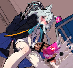 Rule 34 | 1futa, animal ear fluff, animal ears, arknights, bar censor, black gloves, blush, can, cat ears, censored, closed mouth, coat, coat on shoulders, commentary request, cum, dress, drooling, fingerless gloves, foreskin, from below, futanari, gloves, green eyes, grey hair, highres, huge penis, long hair, mirin chikuwa, penis, phimosis, rosmontis (arknights), sex toy, solo, tearing up, urethral beads, veins, veiny penis, white dress