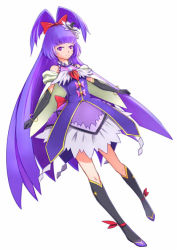 Rule 34 | 1girl, black footwear, black gloves, black hat, boots, bow, capelet, cure magical, duke778, elbow gloves, frills, full body, gloves, hair bow, half updo, hat, izayoi liko, knee boots, long hair, looking at viewer, mahou girls precure!, md5 mismatch, mini hat, mini witch hat, pink bow, precure, purple eyes, purple hair, red bow, resolution mismatch, riko (mahou girls precure!), skirt, solo, source larger, standing, twintails, white background, witch hat
