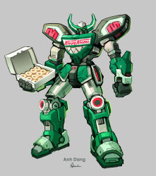 Rule 34 | anh dang, artist name, box, commentary, doughnut, english commentary, food, green theme, grey background, holding, holding box, krispy kreme, looking at viewer, mecha, megazord, mighty morphin power rangers, no humans, original, power rangers, robot, signature, simple background