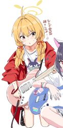 Rule 34 | 2girls, ahoge, animal ears, black hair, blonde hair, blue archive, blush, bracelet, brown eyes, cat ears, clearite, electric guitar, guitar, halo, highres, holding, holding guitar, holding instrument, instrument, jewelry, kazusa (blue archive), kneeling, long hair, multiple girls, pink eyes, pink hair, simple background, sitting, sweatdrop, translation request, twintails, white background, yoshimi (band) (blue archive), yoshimi (blue archive)