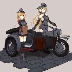Rule 34 | 10s, 2girls, bad id, bad pixiv id, bismarck (kancolle), blonde hair, blue eyes, bmw, green eyes, hat, highres, kantai collection, long hair, mikoto (oi plus), military, military hat, military uniform, motor vehicle, motorcycle, multiple girls, peaked cap, prinz eugen (kancolle), sidecar, thighhighs, twintails, uniform, vehicle