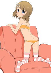 Rule 34 | 1girl, armchair, ass, blue eyes, blush, brown hair, butt crack, chair, dimples of venus, female focus, from behind, genkimaru, hair ornament, idolmaster, idolmaster million live!, idolmaster million live! theater days, looking back, short hair, simple background, solo, strapless, striped clothes, striped thighhighs, suou momoko, thighhighs, tube top, white background