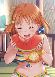 Rule 34 | 1girl, artist name, artist request, bare shoulders, belt, bikini, blue bow, blush, bow, braid, breasts, cleavage, close-up, closed eyes, collarbone, eating, female focus, food, food-themed hair ornament, front-tie bikini top, front-tie top, fruit, hair bow, hair ornament, holding, holding watermelon, looking at viewer, love live!, love live! school idol festival, love live! sunshine!!, medium breasts, nail, nail polish, orange bikini, orange hair, orange hair ornament, orange print, outdoors, pants, parted lips, pink nails, red eyes, short hair, shorts, side braid, single braid, smile, solo, striped bikini, striped clothes, swimsuit, takami chika, watermelon, white pants, white shorts, wristband, yellow belt, yellow wristband