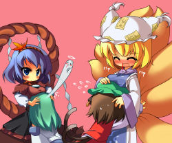 Rule 34 | 4girls, :d, ^ ^, animal ears, annoyed, beihan, blonde hair, blood, blue eyes, blue hair, blush, blush stickers, breast rest, breasts, breasts on head, brown hair, cat ears, cat girl, cat tail, chen, closed eyes, comforting, earrings, closed eyes, female focus, fox tail, frog, ghost, giving up the ghost, green hair, hair ornament, halo, hat, hug, jewelry, jpeg artifacts, kochiya sanae, kokka han, leaf, leaf hair ornament, multiple girls, multiple tails, nosebleed, open mouth, smile, snake, tail, touhou, yakumo ran, yasaka kanako, aged down