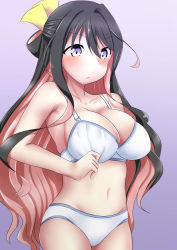 Rule 34 | 1girl, black hair, bra, breasts, cleavage, collarbone, commentary request, cowboy shot, gradient background, hair ribbon, kantai collection, kashiwamochi (kashiwakashiwa), large breasts, long hair, multicolored hair, naganami (kancolle), navel, panties, pink hair, purple background, ribbon, solo, standing, two-tone hair, underwear, underwear only, wavy hair, white bra, white panties, yellow ribbon