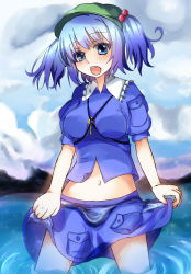 Rule 34 | 1girl, blue eyes, blue hair, breasts, female focus, hair bobbles, hair ornament, hat, highres, in water, kawashiro nitori, key, matching hair/eyes, medium breasts, midriff, navel, shromann, skirt, skirt hold, solo, touhou, twintails, two side up, wading, water