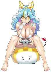 Rule 34 | 1girl, ball, bikini, blonde hair, blue hair, breasts, character request, controller, copyright request, exercise ball, fingernails, game controller, highres, large breasts, long hair, looking at viewer, multicolored hair, nail polish, pink nails, sitting on ball, streaked hair, swimsuit, toenail polish, toenails, tsuji santa, white bikini, yellow eyes