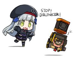 Rule 34 | 1girl, alcohol, beret, chasing, dinergate (girls&#039; frontline), drunk, english text, engrish text, fork, girls&#039; frontline, glass bottle, green eyes, hat, hk416 (girls&#039; frontline), jack daniel&#039;s, m16a1 (girls&#039; frontline), one-eyed, ran system, ranguage, silver hair, squeans