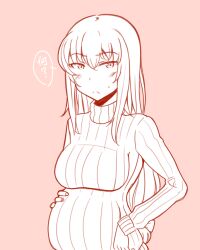Rule 34 | 1girl, :&lt;, alternate costume, blush, breasts, closed mouth, girls und panzer, greyscale with colored background, hand on own stomach, itsumi erika, k-dam, large breasts, long hair, looking at viewer, pink background, pregnant, simple background, solo, speech bubble, sweatdrop, sweater, upper body