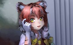 Rule 34 | 1girl, :3, animal ear fluff, animal ears, black hair, commentary, elbow gloves, extra ears, gloves, hair between eyes, hair ribbon, kemono friends, looking at viewer, medium hair, meme, multicolored hair, parted lips, portrait, red hair, ribbon, roll safe (meme), siberian tiger (kemono friends), signature, smile, solo, tiger ears, welt (kinsei koutenkyoku), white hair, wing collar, yellow eyes, yellow ribbon