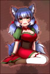 Rule 34 | 1girl, animal ears, blue hair, boots, brown background, dire wolf (kemono friends), dress, extra ears, gloves, grey eyes, highres, hikarikmy, kemono friends, kemono friends v project, kneehighs, long hair, looking at viewer, open mouth, parody, ribbon, simple background, snow white, socks, solo, tail, twintails, virtual youtuber, wolf ears, wolf girl, wolf tail