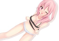 Rule 34 | 1girl, animal ears, bad id, bad nicoseiga id, blush, breasts, chimunge, cleavage, collarbone, long hair, one eye closed, open mouth, original, panties, pink eyes, pink hair, solo, striped clothes, striped panties, underwear, white background, wink
