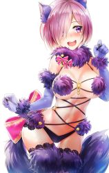 Rule 34 | 1girl, animal ears, black panties, blush, breasts, breasts apart, contrapposto, cowboy shot, elbow gloves, fang, fate/grand order, fate (series), fur-trimmed gloves, fur-trimmed legwear, fur trim, gloves, hair over one eye, halloween costume, highres, lace, lace-trimmed legwear, lace trim, large breasts, mash kyrielight, mash kyrielight (dangerous beast), md5 mismatch, navel, nekodayo22, o-ring, o-ring top, official alternate costume, open mouth, panties, purple eyes, purple hair, red ribbon, ribbon, short hair, solo, standing, tail, thighhighs, underwear, white background, wolf ears, wolf tail