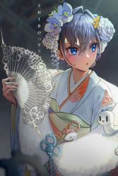 Rule 34 | 1girl, artist name, blue eyes, blue hair, blush, boros (ouro kronii), commentary, english commentary, flower, folding fan, fur trim, hair between eyes, hair flower, hair ornament, hand fan, highres, holding, holding fan, hololive, hololive english, japanese clothes, kimono, looking away, looking to the side, obi, official alternate costume, open mouth, ouro kronii, ouro kronii (new year), sash, shirohayami, short hair, solo, upper body, v-shaped eyebrows, virtual youtuber