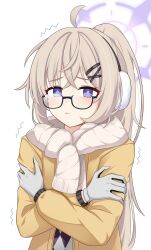 Rule 34 | 1girl, absurdres, ahoge, black-framed eyewear, blonde hair, blue archive, blush, closed mouth, earmuffs, glasses, gloves, grey gloves, hair ornament, hairclip, halo, highres, jacket, kotama (blue archive), kotama (camp) (blue archive), long hair, long sleeves, official alternate costume, official alternate hairstyle, open clothes, open jacket, ponytail, purple eyes, purple halo, scarf, simple background, siranui desu, solo, trembling, upper body, white background, white scarf, x hair ornament, yellow jacket