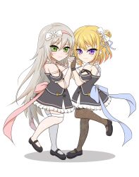 Rule 34 | 2girls, arm strap, assault lily, asymmetrical hair, back bow, bare shoulders, black footwear, black gloves, black shirt, black skirt, blue bow, blue ribbon, bow, braid, breast press, breasts, brown thighhighs, buttons, chibi, closed mouth, collar, commentary request, criss-cross halter, detached sleeves, elbow gloves, floral print, flower, frilled collar, frilled sleeves, frills, from side, full body, gloves, green eyes, grey hair, hair bow, hair bun, hair flower, hair ornament, hair ribbon, hairband, halterneck, hand up, hayakawa yahiro, high-waist skirt, highres, holding hands, interlocked fingers, jewelry, leg up, long hair, looking at viewer, looking to the side, mary janes, medium breasts, miniskirt, multiple girls, pink bow, pink hairband, print gloves, print thighhighs, purple eyes, ribbon, ring, shirt, shoes, short hair, short sleeves, side braid, simple background, single side bun, skirt, solo, standing, standing on one leg, symmetrical docking, thighhighs, tominaga shin, two-tone shirt, v-shaped eyebrows, very long hair, white background, white bow, white collar, white flower, white gloves, white shirt, white thighhighs, yajiuma no jesse