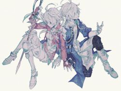 Rule 34 | 1boy, 1girl, ahoge, alisaie leveilleur, alphinaud leveilleur, black pants, blue eyes, blue jacket, boots, breasts, brother and sister, elezen, elf, final fantasy, final fantasy xiv, fingerless gloves, full body, furueee, gloves, grey hair, hair over one eye, holding, holding sword, holding weapon, jacket, long sleeves, medium breasts, pants, pointy ears, red jacket, short hair with long locks, shorts, siblings, sitting, sword, twins, weapon, white footwear, white shorts