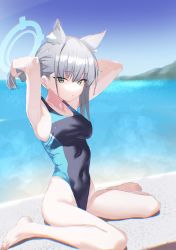 Rule 34 | 1girl, absurdres, adjusting hair, animal ears, arms up, barefoot, blue archive, blue eyes, blue sky, breasts, competition swimsuit, covered navel, day, ear piercing, erory6 (ro), grey hair, halo, highres, looking at viewer, medium breasts, mismatched pupils, mountain, ocean, one-piece swimsuit, outdoors, parted lips, piercing, ponytail, shiroko (blue archive), shiroko (swimsuit) (blue archive), sitting, sky, solo, swimsuit, water, wet, wet clothes, wet hair, wet swimsuit