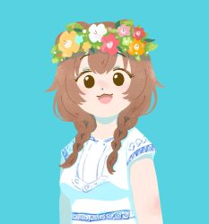 Rule 34 | 1girl, :3, :d, animal ears, blue background, braid, brown hair, dog ears, dog girl, dress, flower, head wreath, hololive, inugami korone, inugami korone (1st costume), looking at viewer, midsommar, open mouth, pink flower, red flower, short hair, simple background, smile, solo, timame m, twin braids, upper body, virtual youtuber, white dress, yellow flower