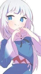 Rule 34 | 1girl, animal costume, blue eyes, blue hair, blue hoodie, closed mouth, commentary, drawstring, gawr gura, gawr gura (1st costume), heart, heart hands, highres, hololive, hololive english, hood, hoodie, inaririn, long hair, long sleeves, multicolored hair, shark costume, shark print, smile, solo, streaked hair, upper body, virtual youtuber, white hair, wide sleeves