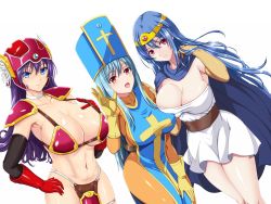 Rule 34 | 3girls, aqua hair, armor, armpits, bikini armor, blue eyes, blue hair, blue tabard, blush, bodysuit, breasts, cape, circlet, closed mouth, cowboy shot, cross print, dragon quest, dragon quest iii, elbow gloves, gloves, hat, helmet, highres, large breasts, long hair, looking at viewer, mitre, multiple girls, orange bodysuit, parted lips, priest (dq3), print headwear, purple hair, red armor, red eyes, red gloves, sage (dq3), shoulder pads, smile, soldier (dq3), tabard, tsuruhisashi, winged helmet, yellow gloves