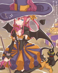 Rule 34 | 10s, 1girl, blue eyes, blush, cat, choker, detached sleeves, dress, elizabeth bathory (fate), elizabeth bathory (fate), elizabeth bathory (halloween caster) (fate), fate/extra, fate/extra ccc, fate/grand order, fate (series), frills, hat, horns, long hair, pink hair, pointy ears, pumpkin, ribbon, shoes, smile, thighhighs, weapon, wings, witch hat