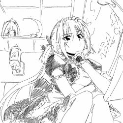 Rule 34 | 1girl, airi (the infernal temptress), animated, animated gif, apron, bad link, black dress, bow, cage, drawfag, dress, ghost, greyscale, hair bow, maid apron, maid headdress, monochrome, puffy sleeves, queen&#039;s blade, scythe, sitting, solo, train interior, twintails, wrist cuffs