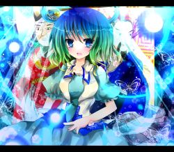 Rule 34 | 1girl, azumamutuki, bad id, bad pixiv id, blue eyes, bug, butterfly, danmaku, dress, female focus, gradient hair, hair ornament, hair rings, hair stick, highres, insect, kaku seiga, letterboxed, multicolored hair, shawl, solo, touhou, vest