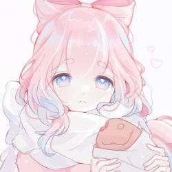 Rule 34 | 1girl, alternate costume, blue eyes, blue hair, blush, bow-shaped hair, casual, commentary, cozybun, english commentary, food, frown, genshin impact, gradient eyes, gradient hair, heart, holding, holding food, long hair, looking at viewer, multicolored eyes, multicolored hair, pink eyes, pink hair, portrait, sangonomiya kokomi, scarf, simple background, solo, spoken heart, sweater, taiyaki, thick eyebrows, wagashi, white background, winter clothes