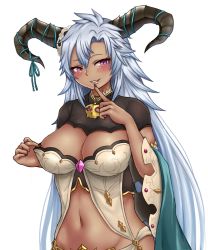 Rule 34 | 1girl, black horns, black nails, blush, breasts, cleavage, commentary, cowboy shot, dark-skinned female, dark skin, detached sleeves, dragon horns, fangs, fediel (granblue fantasy), finger to mouth, granblue fantasy, groin, hair between eyes, highres, horn ornament, horn ribbon, horns, large breasts, long hair, looking at viewer, midriff, nail polish, navel, parted lips, purple eyes, revealing clothes, ribbon, sidelocks, silver hair, simple background, smile, solo, standing, tarte.k, very long hair, white background, wide sleeves
