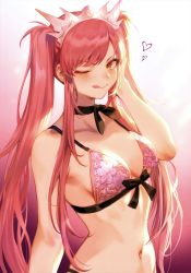 Rule 34 | 1girl, absurdres, bare shoulders, bra, breasts, brown eyes, choker, fate/grand order, fate (series), gradient background, hair ornament, highres, long hair, mashuu (neko no oyashiro), medb (fate), medb (swimsuit saber) (second ascension) (fate), medium breasts, pink hair, scan, simple background, solo, twintails, underwear, underwear only, upper body