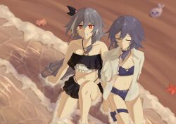 Rule 34 | 2girls, absurdres, arm support, beach, bikini, birthday, black bikini, blue bikini, breasts, chinese commentary, closed eyes, closed mouth, collarbone, crab, dual persona, fu hua, fu hua (herrscher of sentience), grey hair, hair between eyes, highres, holding hands, honkai (series), honkai impact 3rd, knee up, lienai9, long hair, looking up, midriff, multicolored hair, multiple girls, navel, on floor, open clothes, open shirt, outdoors, red eyes, shirt, sitting, small breasts, starfish, streaked hair, swimsuit, thigh strap, waves, white shirt, white sleeves