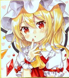 Rule 34 | 1girl, ascot, blonde hair, blush, commentary request, crystal, flandre scarlet, frilled shirt collar, frills, hand to own mouth, hand up, hat, heart, heart background, highres, looking at viewer, medium hair, mimi (mimi puru), mob cap, nail polish, parted lips, pointy ears, puffy short sleeves, puffy sleeves, red eyes, red nails, shikishi, short sleeves, simple background, solo, touhou, traditional media, upper body, wings, yellow ascot