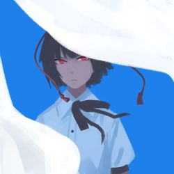 Rule 34 | 1girl, amino (tn7135), bad id, bad pixiv id, black hair, blue background, collared shirt, curtains, expressionless, hat, head tilt, looking at viewer, red eyes, red pupils, ribbon, shameimaru aya, shirt, short hair, short sleeves, simple background, solo, tokin hat, touhou, white shirt, wind