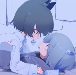 Rule 34 | 2girls, animal ears, animated, animated gif, bed sheet, black hair, blue eyes, blue hair, blue hoodie, blue shirt, cat ears, cat girl, chibi, collar, commentary request, curtains, highres, hood, hoodie, looking at another, lying, multiple girls, on bed, original, pacifier, sailor collar, sailor shirt, saliva, saliva trail, shirt, short hair, tears, toumei tou, yellow eyes, yuri