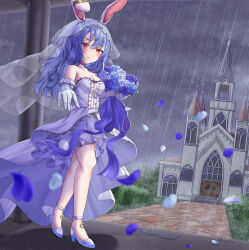 Rule 34 | 1girl, animal ears, bare shoulders, blue flower, blue footwear, blue gloves, blue hair, blue skirt, blush, bouquet, breasts, bridal gauntlets, bridal veil, bride, church, cleavage, closed mouth, cloud, cloudy sky, commentary request, commission, dress, flower, full body, gloves, grey sky, high heels, highres, holding, holding bouquet, long hair, looking at viewer, medium breasts, mizunisabano, outdoors, petals, rabbit ears, rabbit girl, rain, red eyes, seiran (touhou), skirt, sky, solo, touhou, variant set, veil, wedding dress