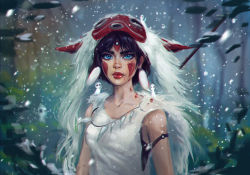 Rule 34 | 1girl, absurdres, black hair, blood, blood on face, blue eyes, blurry, day, facepaint, facial mark, forehead mark, highres, indicreates, jewelry, kodama, looking at viewer, mask, mask on head, mononoke hime, necklace, outdoors, portrait, san (mononoke hime), short hair