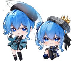 Rule 34 | bare shoulders, blue eyes, blue hair, chibi, holding, holding umbrella, hololive, hoshimachi suisei, hoshimachi suisei (1st costume), looking at viewer, single thighhigh, sitting, standing, thighhighs, transparent, transparent umbrella, umbrella, v, virtual youtuber, yuuyu (moco20111115)