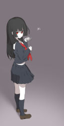 Rule 34 | 1girl, black hair, black serafuku, black shirt, black skirt, black socks, brown footwear, character name, closed mouth, copyright request, doremi, flower, from side, jigoku shoujo, long hair, long sleeves, looking at viewer, looking to the side, neckerchief, pale skin, pleated skirt, purple background, red eyes, red neckerchief, sailor collar, school uniform, serafuku, shirt, shoes, skirt, socks, solo, spider lily, standing, white flower, white sailor collar, white spider lily