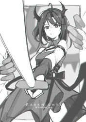 Rule 34 | 1girl, absurdres, ahoge, arknights, arm strap, bare shoulders, commentary, cowboy shot, dress, greyscale, highres, holding, holding sword, holding weapon, horns, izsly, monochrome, short hair, standing, surtr (arknights), sword, weapon