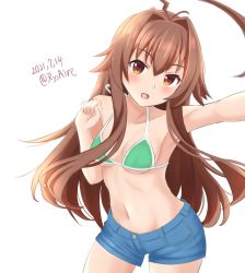 Rule 34 | 1girl, ahoge, ame-san, bikini, bikini top only, blue shorts, breasts, brown eyes, brown hair, collarbone, commentary request, cowboy shot, dated, denim, denim shorts, green bikini, highres, huge ahoge, kantai collection, kuma (kancolle), long hair, looking at viewer, medium breasts, navel, shorts, simple background, solo, standing, swimsuit, twitter username, white background