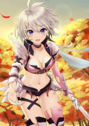 Rule 34 | 1girl, absurdres, ahoge, armor, autumn, autumn leaves, beads, belt, bikini, bikini top only, black shorts, blue eyes, blush, boots, breasts, choker, cleavage, collarbone, crack, cropped jacket, detached sleeves, evening, falling leaves, grey hair, hair between eyes, highres, holding, holding sword, holding weapon, jacket, leaf, leaning forward, long hair, looking at viewer, medium breasts, navel, open clothes, open jacket, open mouth, outdoors, outstretched arm, pink bikini, princess connect!, short ponytail, short shorts, shorts, shoulder armor, showgirl skirt, solo, swimsuit, sword, sylvaniaf, thigh boots, thigh strap, thighhighs, tomo (princess connect!), torn clothes, torn jacket, torn sleeves, torn thighhighs, underbust, very long hair, weapon, wind