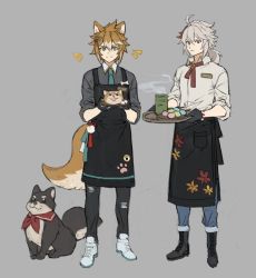 Rule 34 | 2boys, alternate costume, animal, animal ears, apron, black apron, black gloves, blue eyes, boots, brown hair, cup, dog, dog boy, dog ears, dog tail, food, full body, genshin impact, gloves, gorou (genshin impact), grey background, grey hair, grey shirt, hair between eyes, hair ornament, highres, holding, holding tray, kaedehara kazuha, leaf print, male focus, multicolored hair, multiple boys, necktie, pants, papajay (jennygin2), paw print, ponytail, red eyes, red hair, shirt, shoes, simple background, sneakers, standing, steam, streaked hair, symbol-only commentary, tail, tray, waist apron, waiter, white hair, white shirt, yunomi