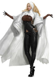 Rule 34 | 1girl, belt, black footwear, black pants, blonde hair, breasts, brown gloves, cape, concept art, full body, gloves, high heels, highres, hunting era, large breasts, leather, leather pants, looking to the side, pants, realistic, sangsoo jeong, simple background, solo, standing, white background, white cape, wimple