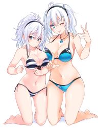 Rule 34 | 2girls, ;p, absurdres, ahoge, asymmetrical docking, bad id, bad pixiv id, bare arms, bare legs, bare shoulders, barefoot, bikini, black hairband, black ribbon, blue bikini, blue eyes, breast press, breasts, cleavage, collarbone, front-tie bikini top, front-tie top, full body, gluteal fold, hair between eyes, hairband, highres, index finger raised, jewelry, kneeling, large breasts, long hair, looking at viewer, multiple girls, navel, necklace, one eye closed, original, pendant, ponytail, ribbon, shiny skin, simple background, skindentation, star-shaped pupils, star (symbol), star print, stomach, striped bikini, striped clothes, suruga (xsurugax), swimsuit, symbol-shaped pupils, thick eyebrows, tongue, tongue out, two side up, v-shaped eyebrows, white background