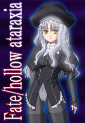 Rule 34 | 00s, 1girl, black pantyhose, caren hortensia, contrapposto, copyright name, fate/hollow ataraxia, fate/stay night, fate (series), hand on own hip, hat, layered sleeves, long hair, looking at viewer, pantyhose, silver hair, solo, standing, wavy hair, yellow eyes, yoshida inuhito